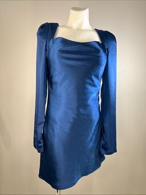Lulu's Adoring Charm Dark Blue Satin Long Sleeve Backless Mini Dress SMALL